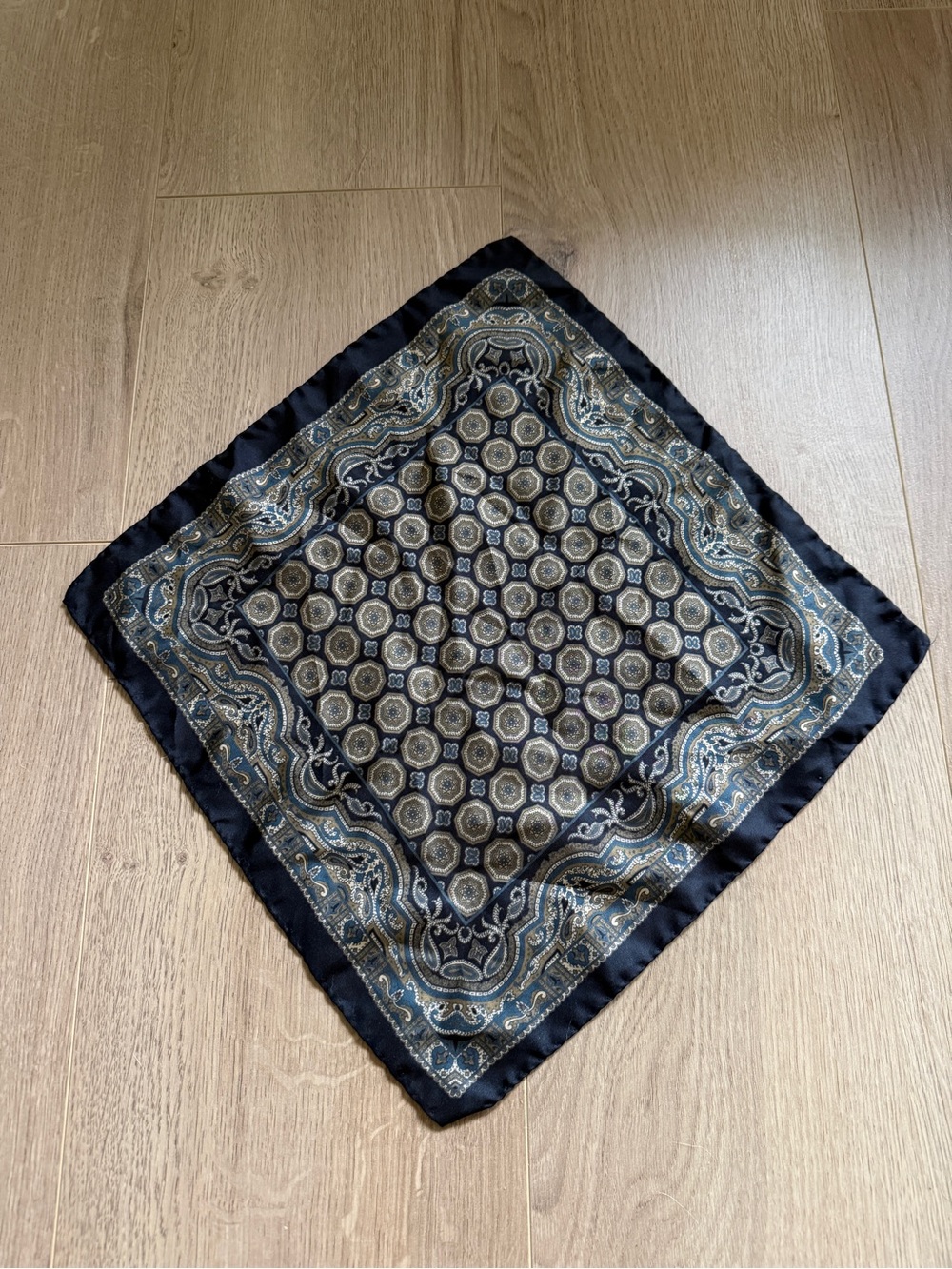 Vintage Italian Silk Pocket Square Navy Bronze Paisley Medallion